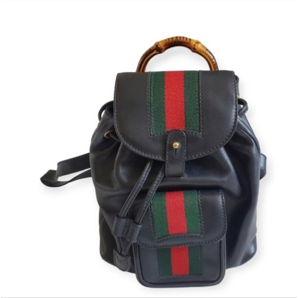 Authentic Vintage Gucci Bamboo Mini Backpack Black Leather Web Detail